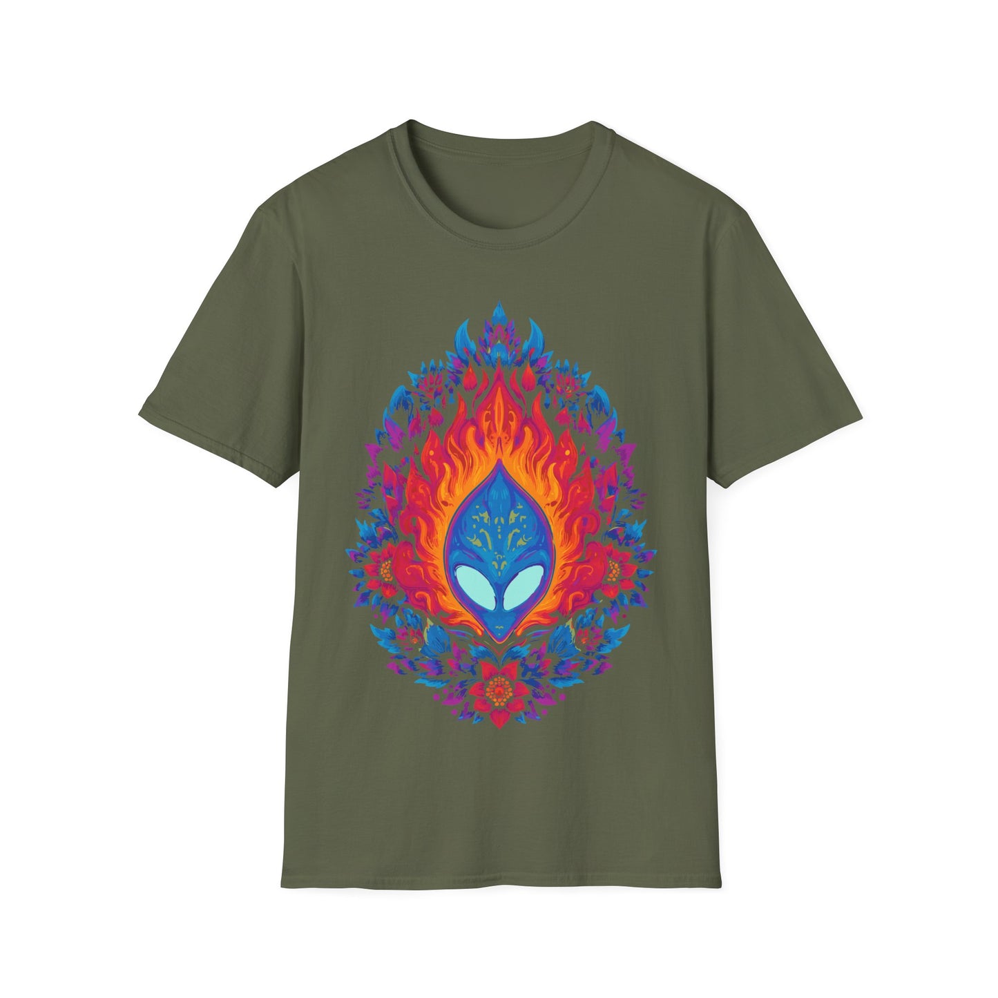Flaming Alien Mask Floral t-shirt design, featuring a blue alien mask surrounded by vivid orange flames and bright pink, purple, and blue floral elements in a symmetrical psychedelic illustration on a military green background