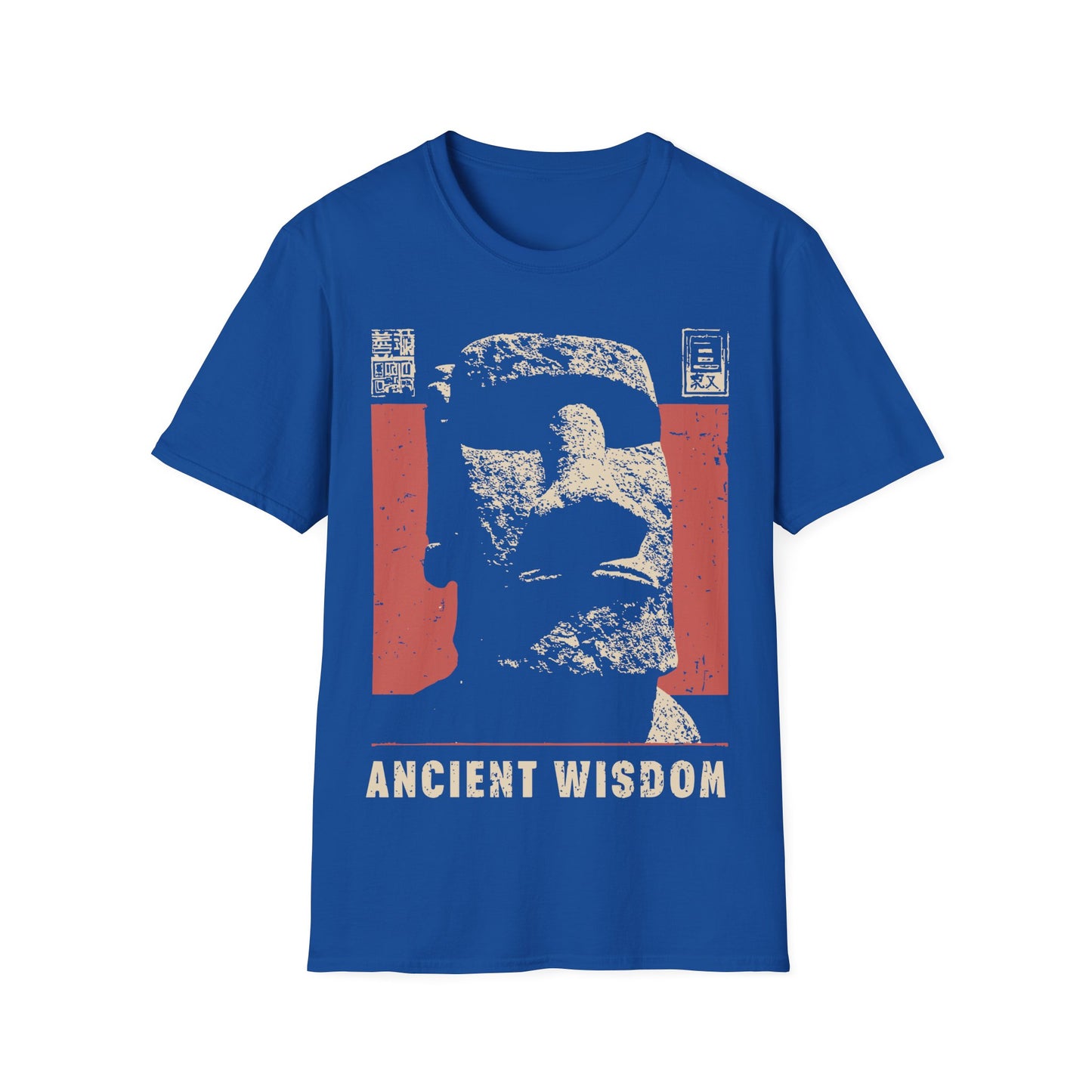 Ancient Wisdom t-shirt design, featuring a weathered Moai stone head in a distressed vintage poster style with Japanese inspired text elements with a 'Ancient Wisdom' text on a royal blue background