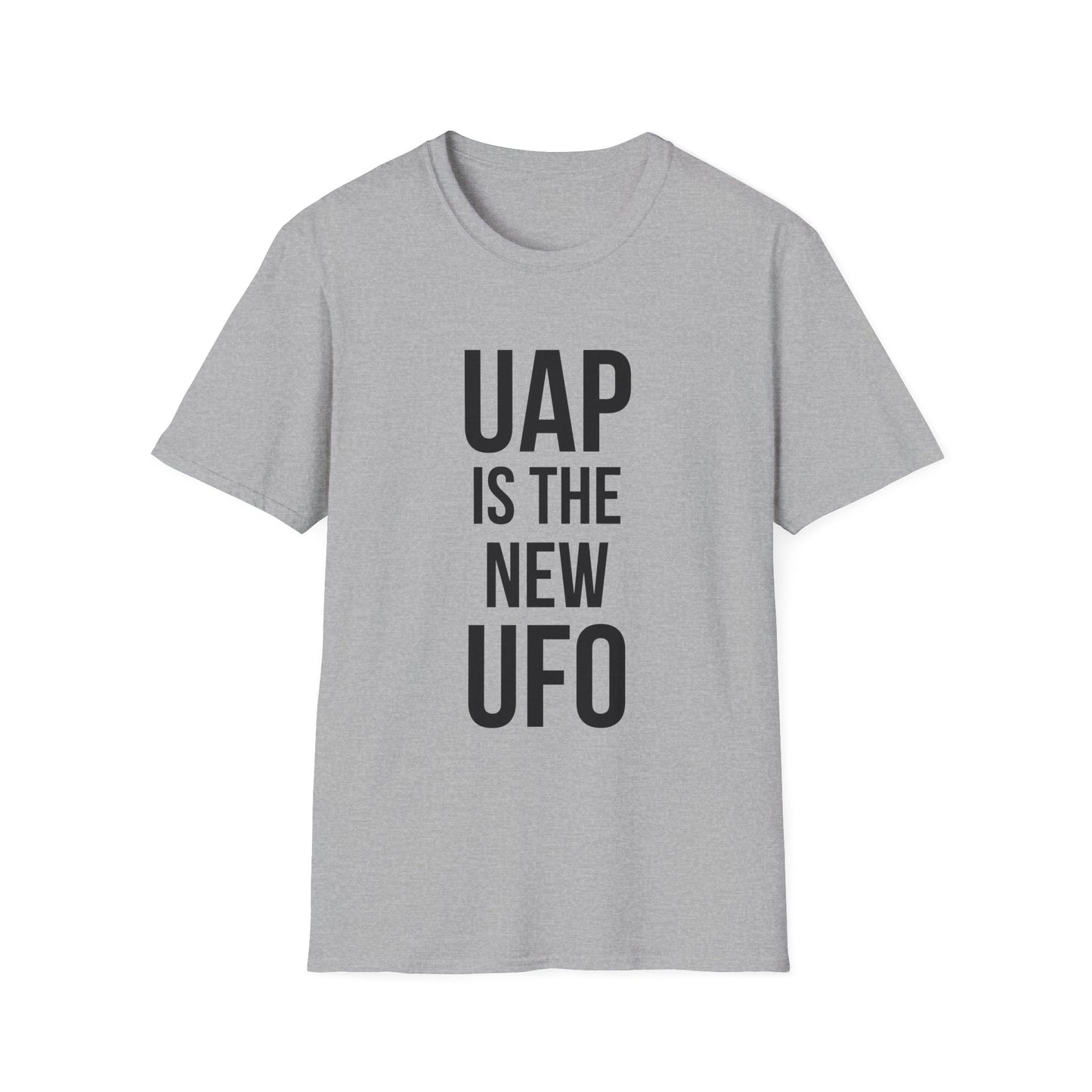 UAP Is the New UFO t-shirt design, featuring bold stacked typography reading “UAP IS THE NEW UFO” in a clean minimalist text based layout on a sport grey background