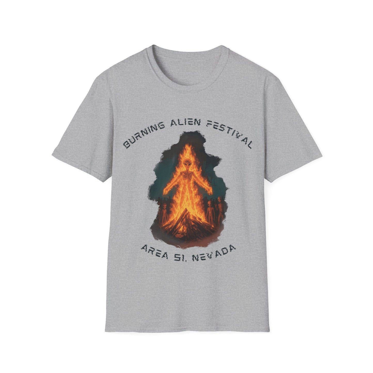 Burning Alien Festival t-shirt design with alien-shaped bonfire surrounded by aliens at Area 51 Nevada on  t-shirtray
