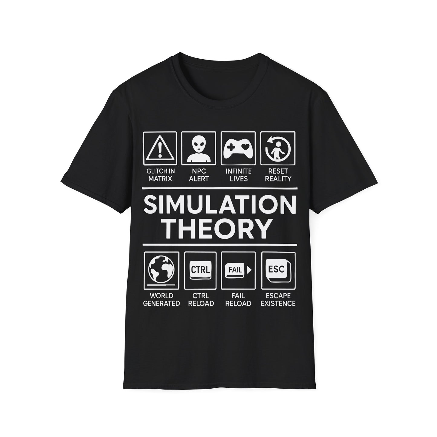 Simulation Theory t-shirt design, featuring bold white Simulation Theory lettering with glitch warning, alien head, game controller, reset icon, and digital reality-themed symbol panels in a monochrome infographic style on a black background