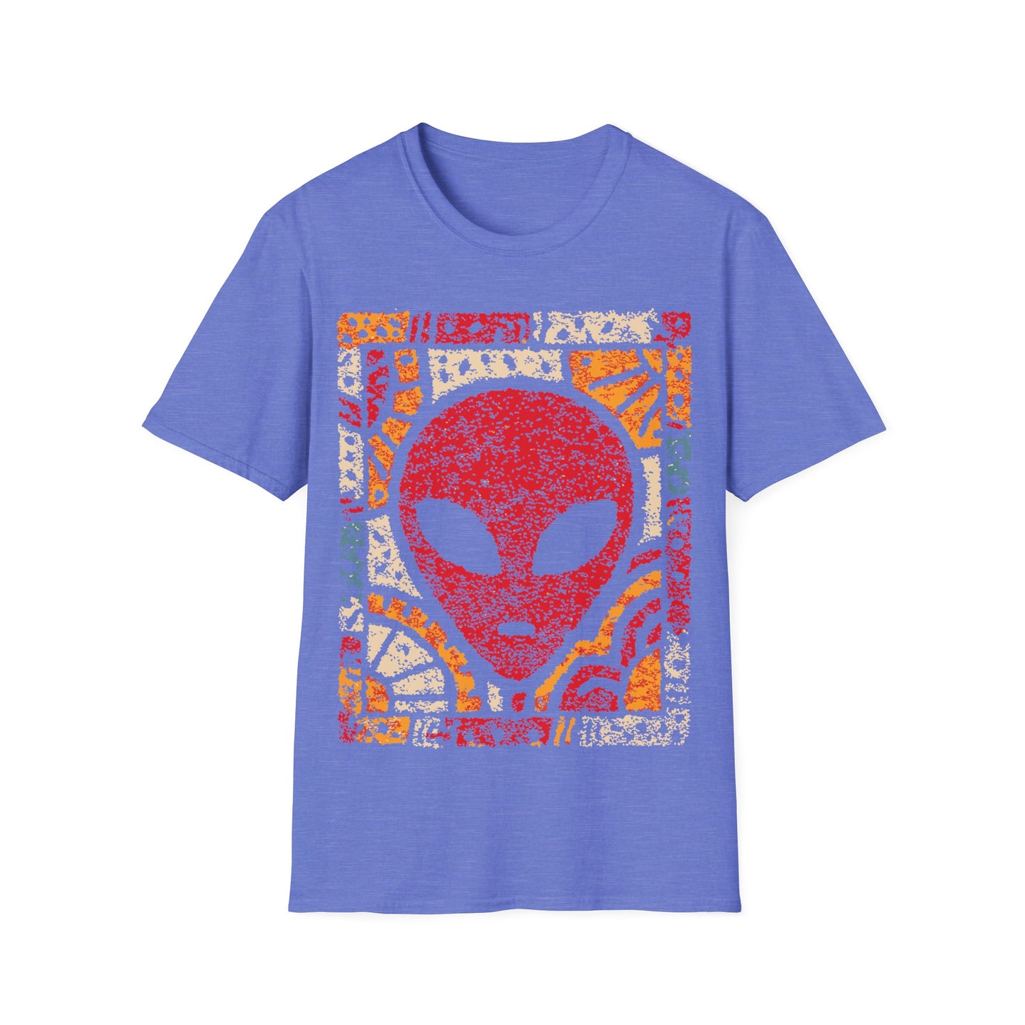 Art deco alien design with red alien face and bold geometric sunburst mosaic patterns in yellow, orange and cream on blue t-shirt