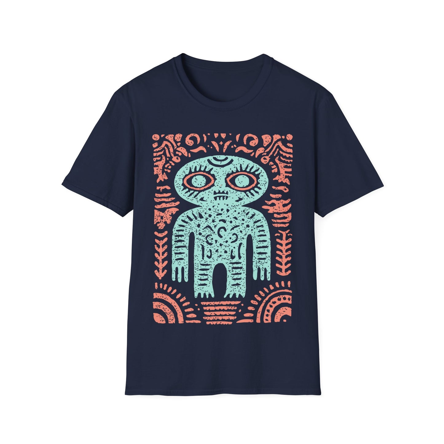 Ancient alien glyph t-shirt design with turquoise Inca-style alien figure and coral tribal patterns on navy blue t-shirt