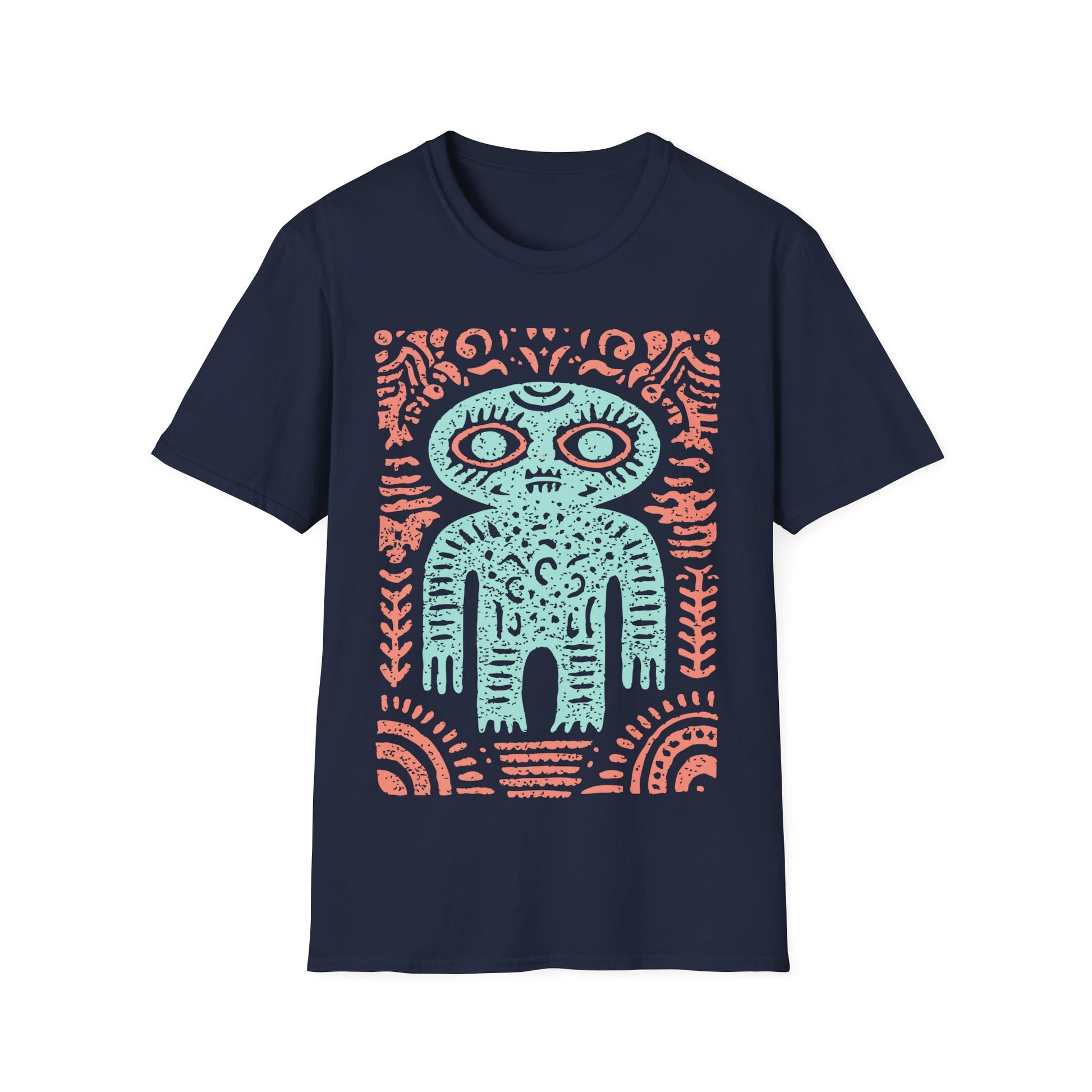 Ancient alien glyph t-shirt design with turquoise Inca-style alien figure and coral tribal patterns on navy blue t-shirt