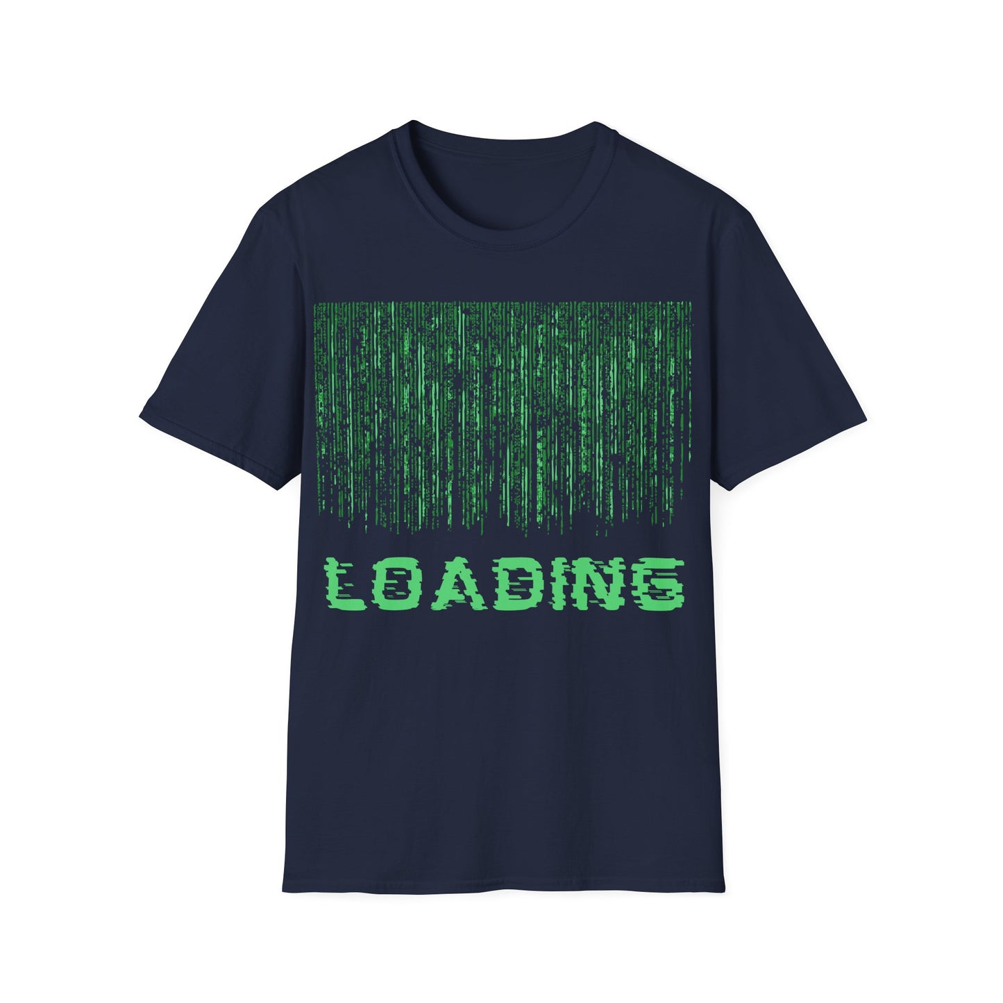 Simulation Loading t-shirt design with computer-style loading bar and simulation message in glitchy sci-fi typography on navy blue background