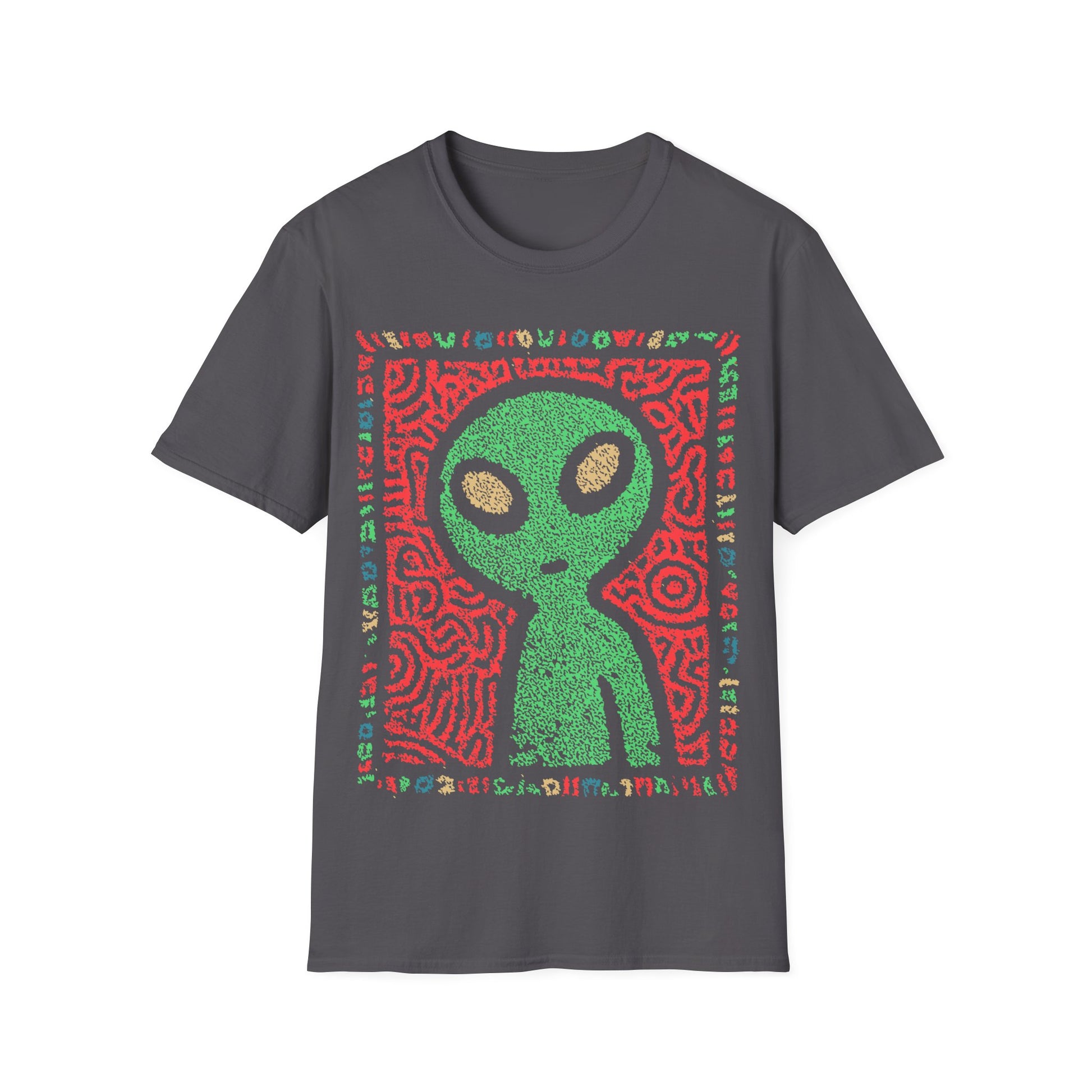 Cute alien folk art design with green alien figure on red tribal patterned background and colorful glyph border on charcoal t-shirt
