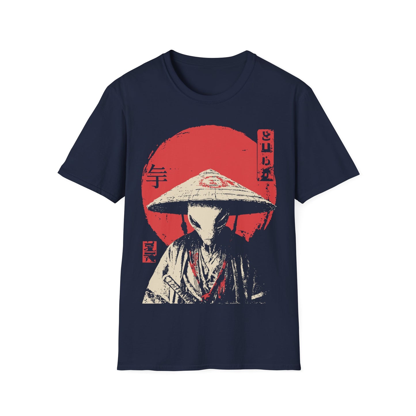 Alien Samurai - Wabi Sabi t-shirt design, showing a stoic alien in a traditional robe and wide straw hat with a sword at its side, rendered in a vintage Japanese poster style with cream and red tones against a rising sun on a navy blue background