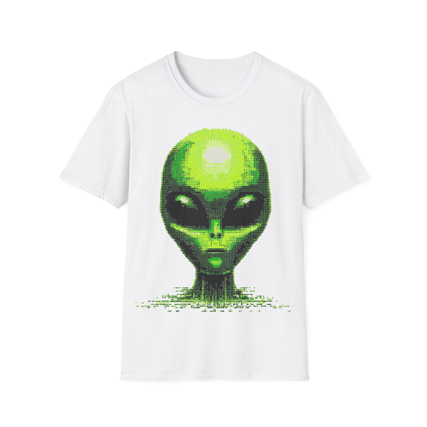 Neon green digital alien head pixel art graphic on white t-shirt