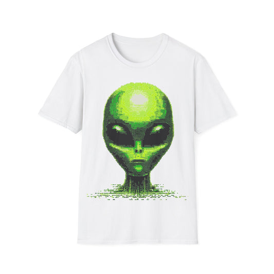 Neon green digital alien head pixel art graphic on white t-shirt