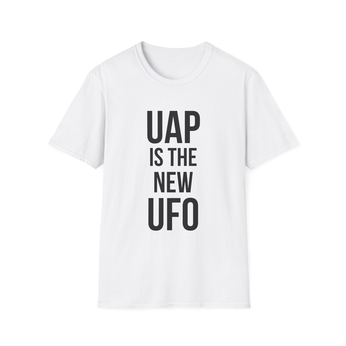 UAP Is the New UFO t-shirt design, featuring bold stacked typography reading “UAP IS THE NEW UFO” in a clean minimalist text based layout on a white background