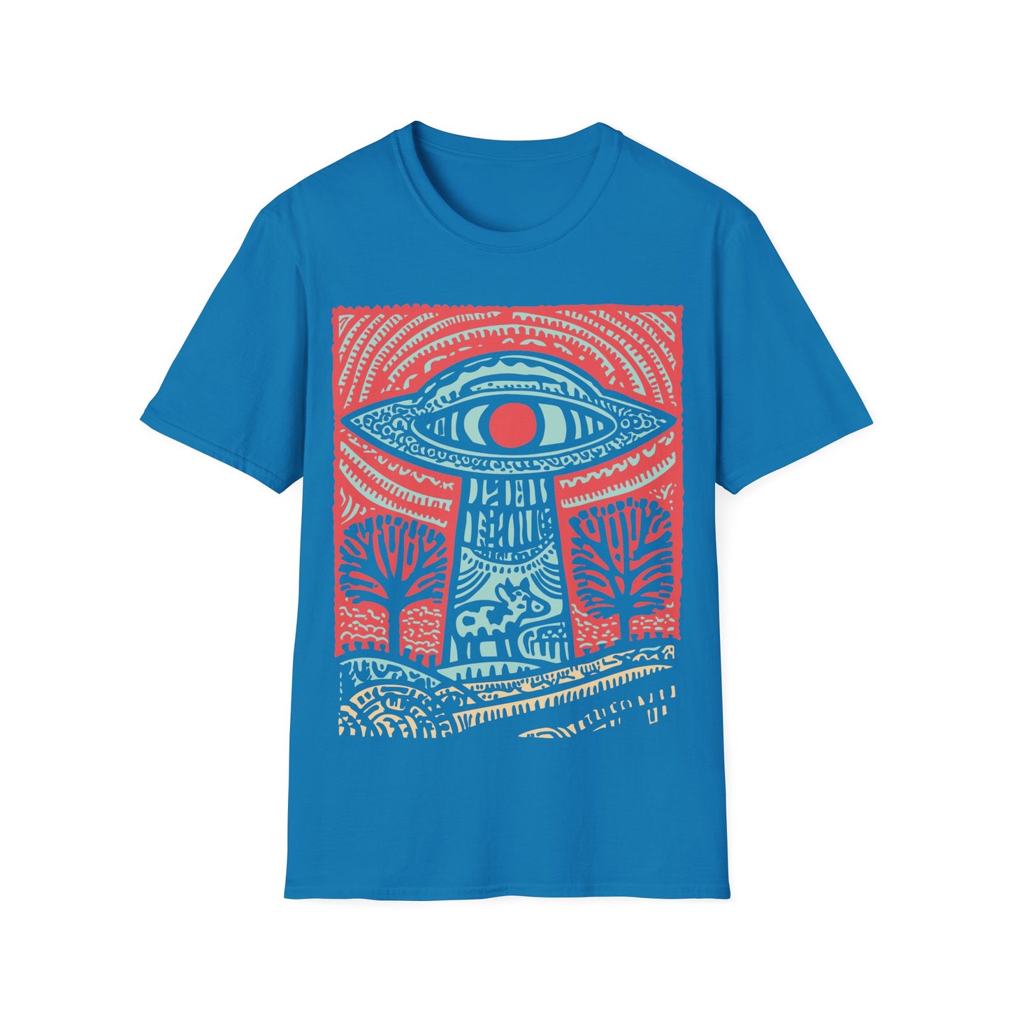 All-seeing UFO cow abduction design with eye-shaped flying saucer beaming up cow in colorful folk art landscape on blue t-shirt