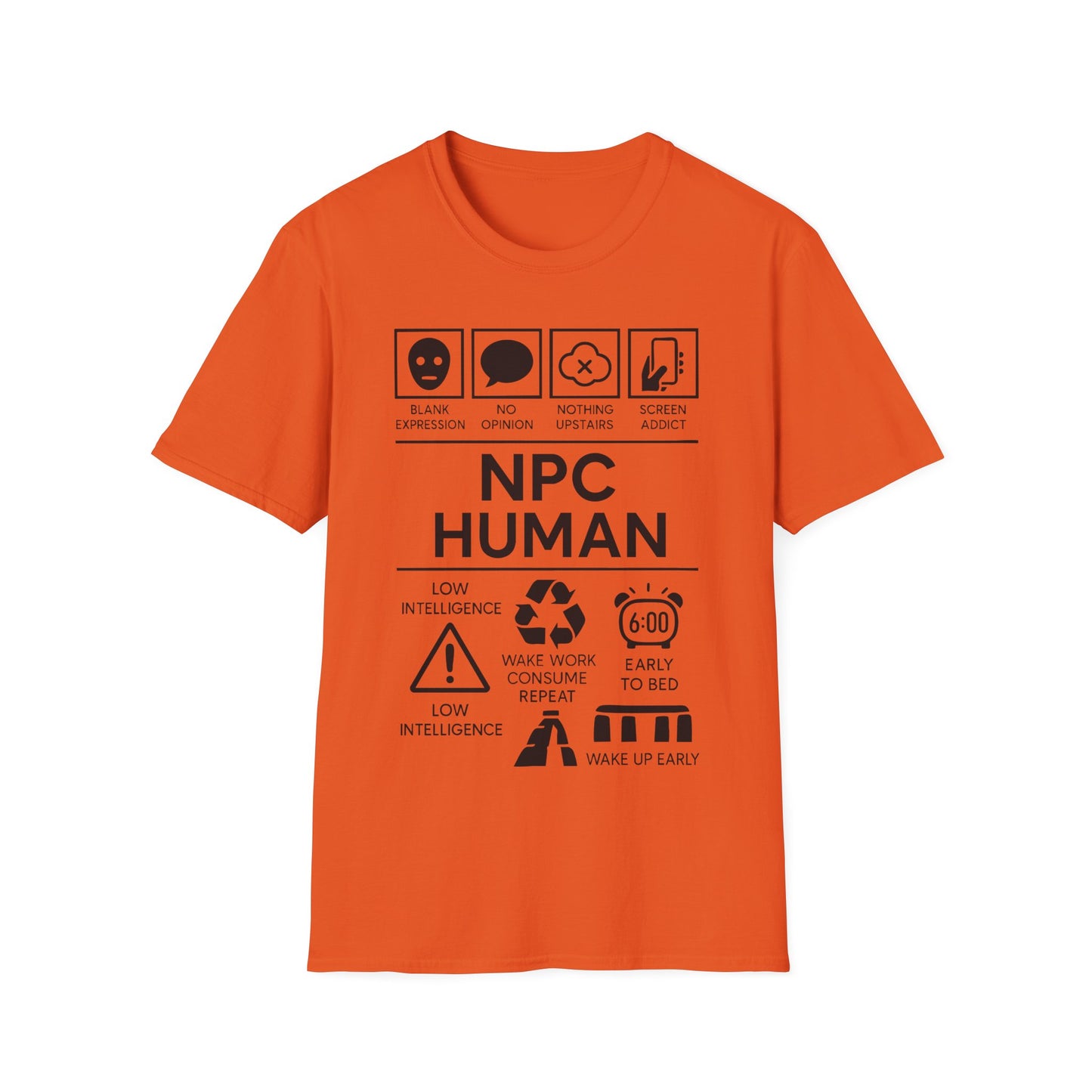 NPC Human Icon Based t-shirt design, featuring bold white NPC Human lettering with blank face, speech bubble, phone, warning symbol, alarm clock, and satirical human-behavior icon panels in a monochrome infographic style on an orange background