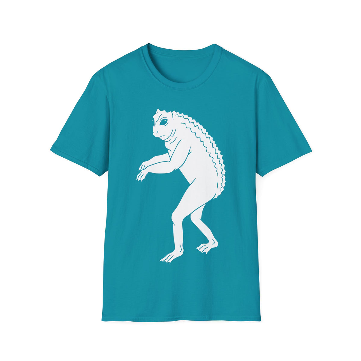 Loveland Frogman t-shirt design, featuring a white humanoid frog creature with large eyes, long limbs, clawed hands and feet, and a ridged back on a tropical blue background