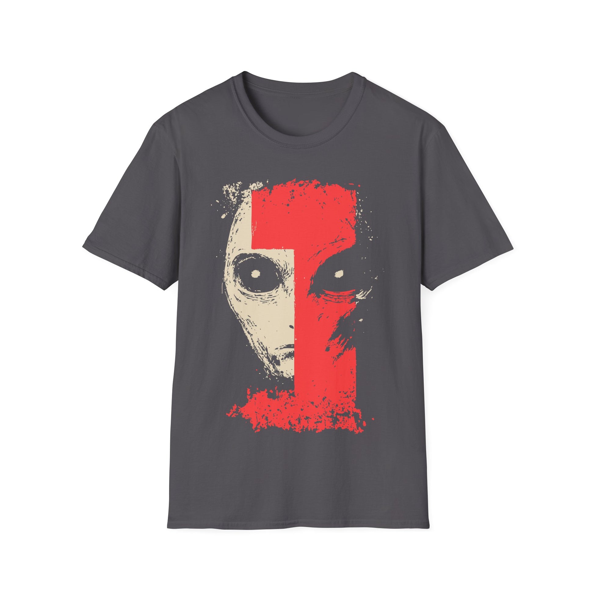 Alien Face t-shirt design, featuring a split face alien portrait in pale beige and distressed red with oversized eyes in a bold minimalist sci-fi illustration on a charcoal grey background