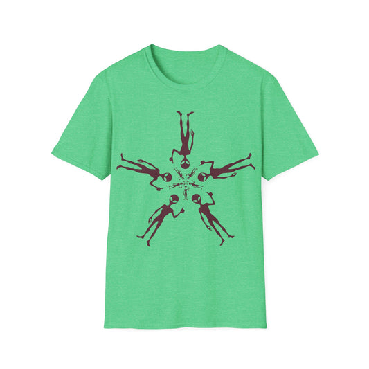 Alien Flower t-shirt design, featuring five alien figures arranged in a symmetrical radial formation around a cluster of smaller aliens on a heather irish green background