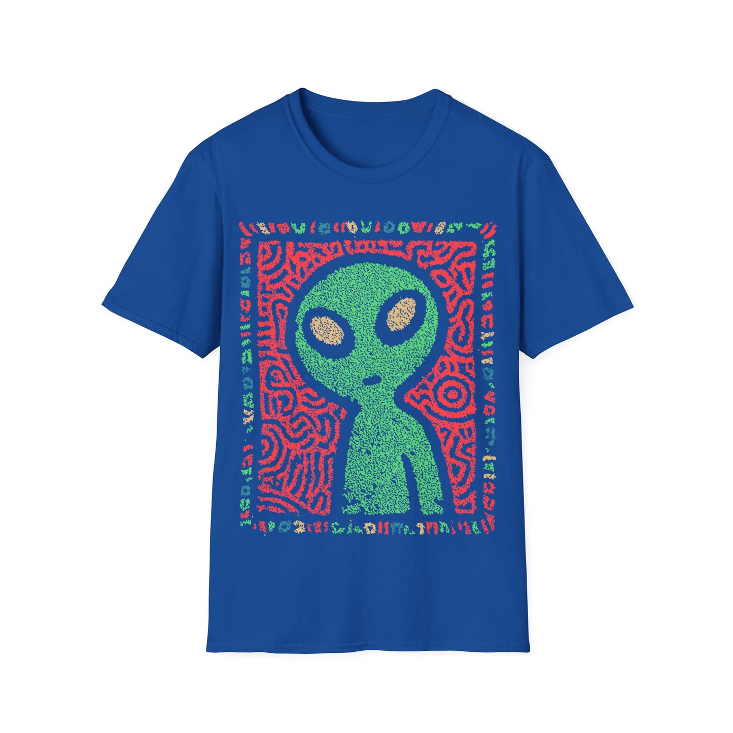 Cute alien folk art design with green alien figure on red tribal patterned background and colorful glyph border on blue t-shirt