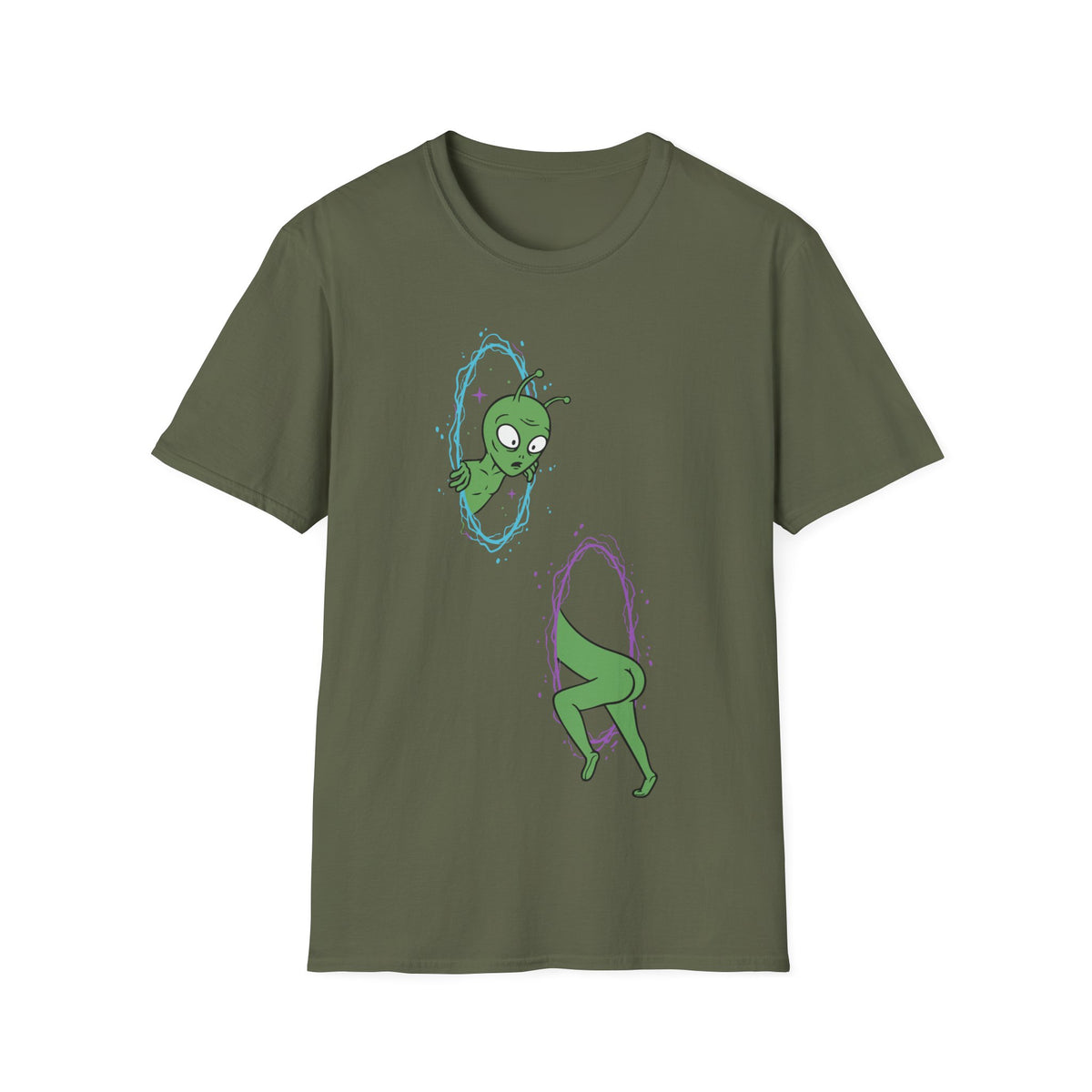The Portal t-shirt design, featuring a confused green alien awkwardly passing through two glowing cosmic portals, with its head emerging from one and body disappearing into another in a funny cartoon style on a military green background