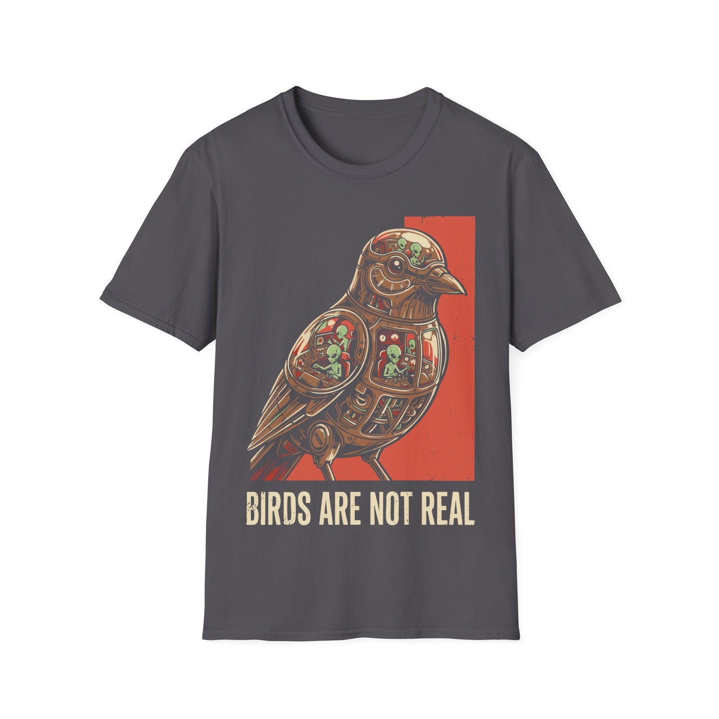 Birds Are Not Real t-shirt design, featuring a mechanical bird packed with tiny green aliens operating control panels inside in a retro sci-fi illustration on a charcoal grey background