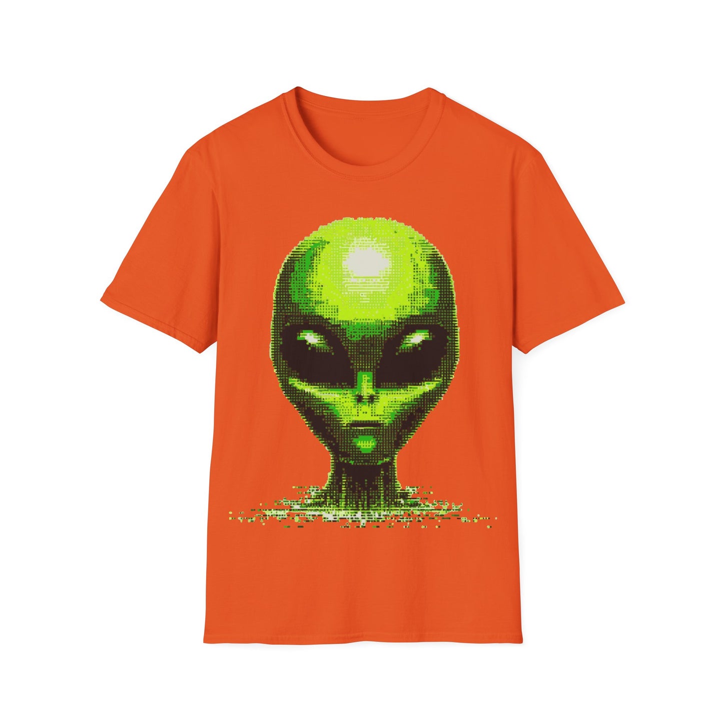 Neon green digital alien head pixel art graphic on orange t-shirt