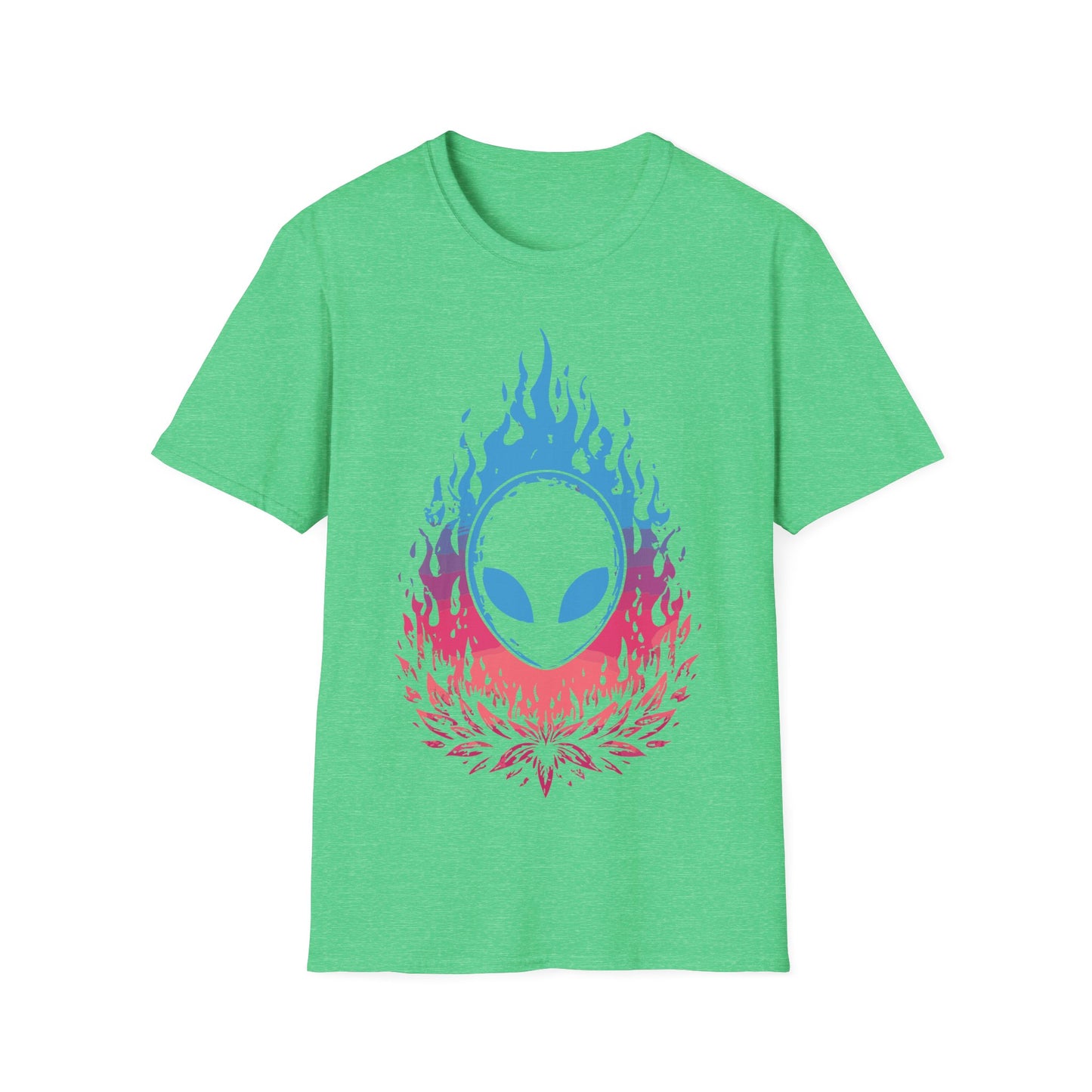 Alien Flame Flower t-shirt design, featuring a black alien face with glowing blue eyes rising from blue to pink flames above a stylized pink floral burst on a heather irish green background