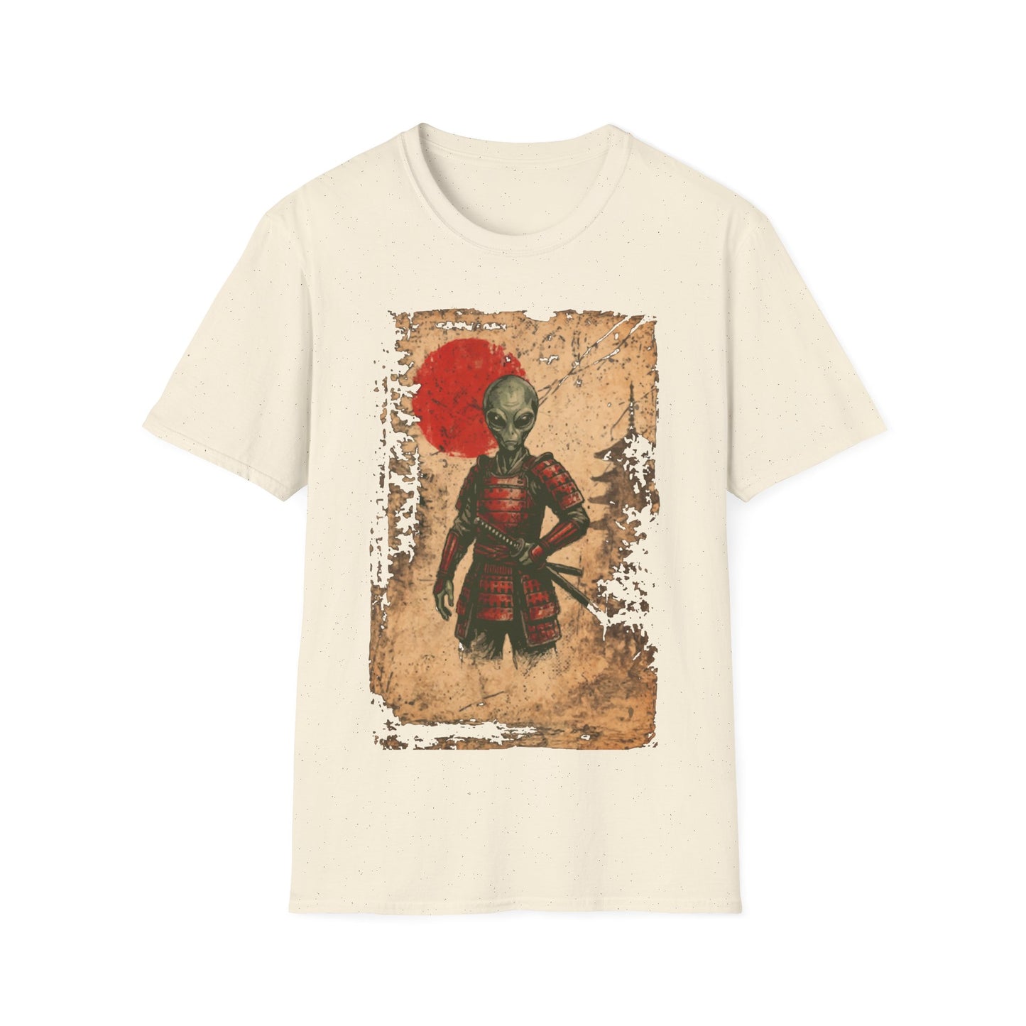 Alien Samurai t-shirt design, featuring a grey alien warrior in red samurai armor with a sheathed katana against a distressed parchment style background with a red sun behind it on a natural white background