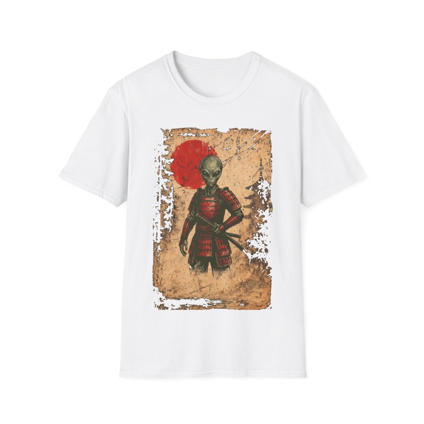 Alien Samurai t-shirt design, featuring a grey alien warrior in red samurai armor with a sheathed katana against a distressed parchment style background with a red sun behind it on a white background