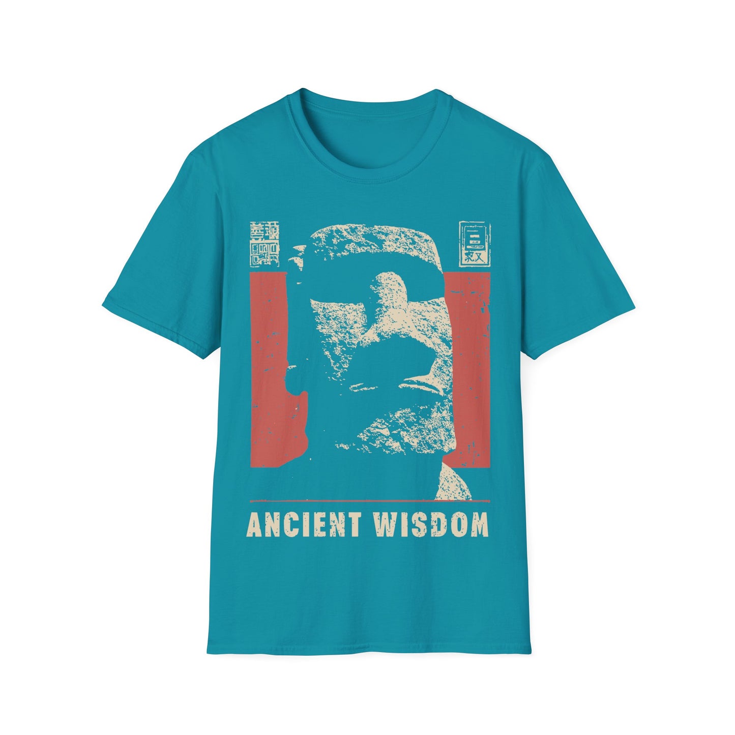 Ancient Wisdom t-shirt design, featuring a weathered Moai stone head in a distressed vintage poster style with Japanese inspired text elements with a 'Ancient Wisdom' text on a tropical blue background