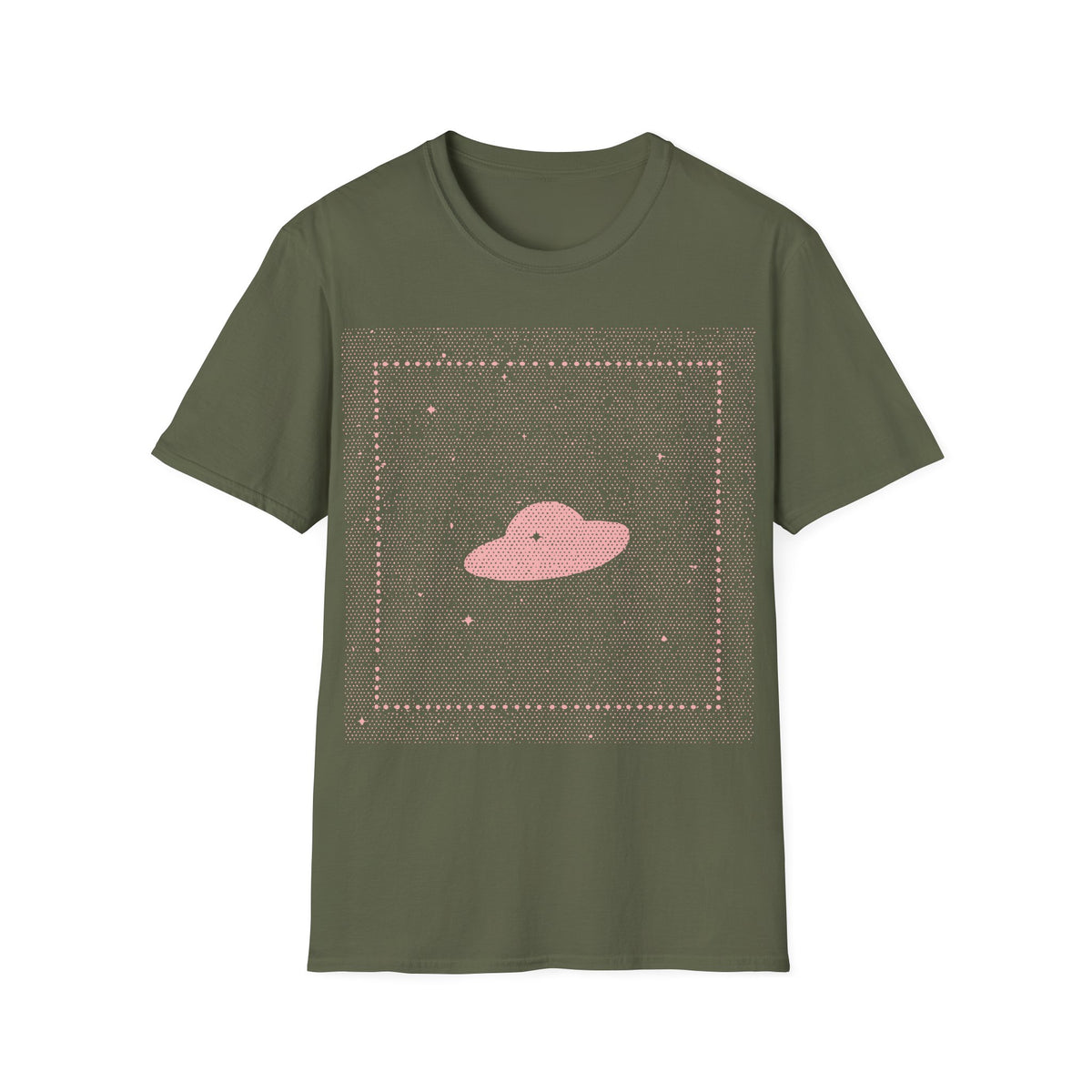 UFO Dream t-shirt design, featuring a minimalist pink flying saucer floating in a dense dotted star field, framed by a subtle square border and scattered stars in a dreamy retro cosmic style on a military green background