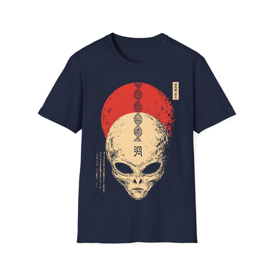 DNA Engineer t-shirt design, featuring a detailed cream alien face beneath a vertical DNA helix with a distressed red sun and Japanese-inspired text elements on a navy blue background
