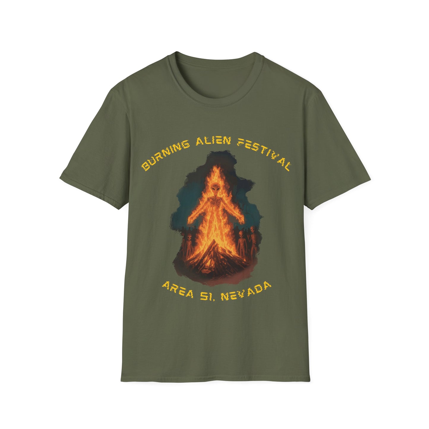 Burning Alien Festival t-shirt design with alien-shaped bonfire surrounded by aliens at Area 51 Nevada on green t-shirt