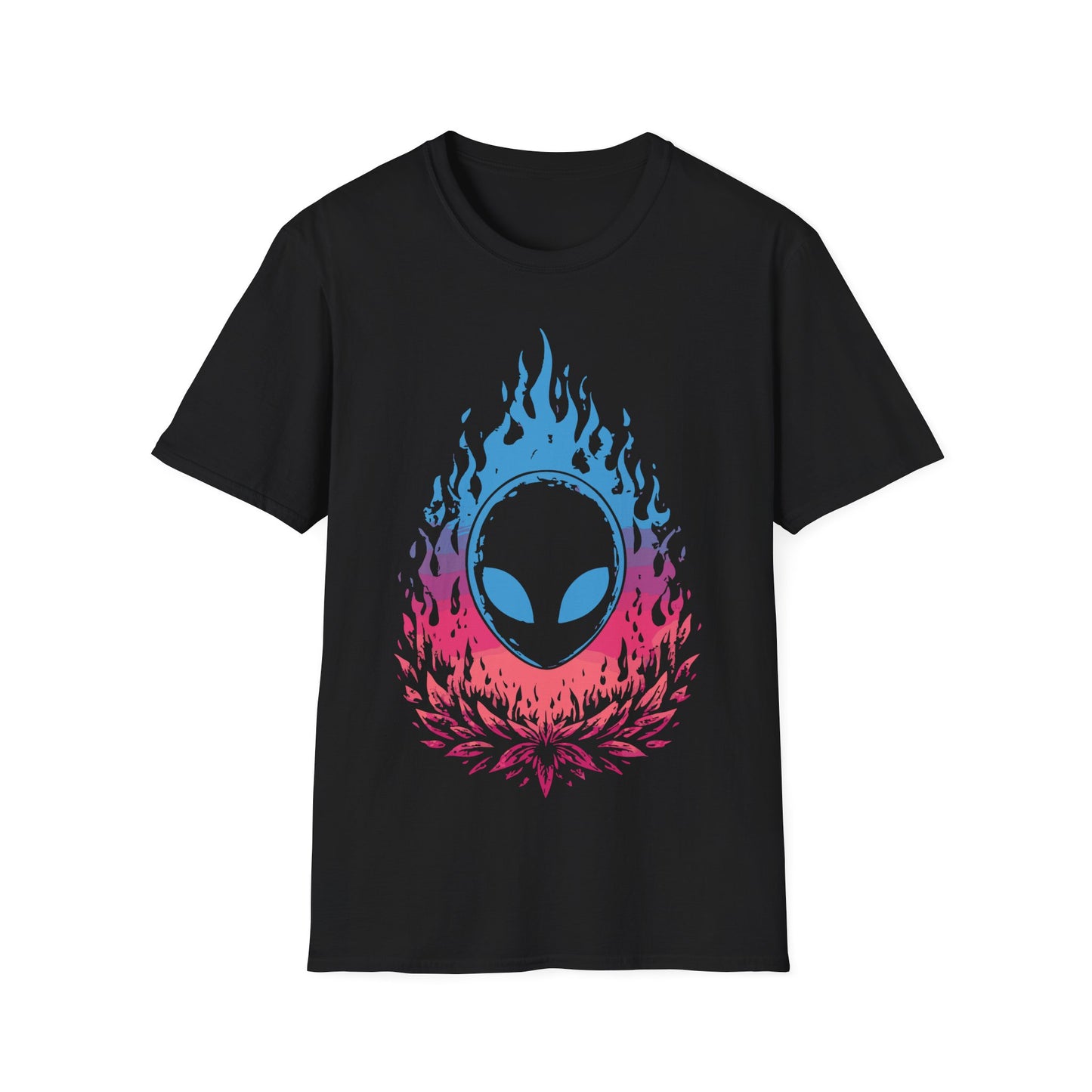 Alien Flame Flower t-shirt design, featuring a black alien face with glowing blue eyes rising from blue to pink flames above a stylized pink floral burst on a black background