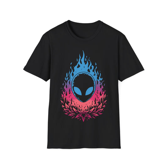 Alien Flame Flower t-shirt design, featuring a black alien face with glowing blue eyes rising from blue to pink flames above a stylized pink floral burst on a black background
