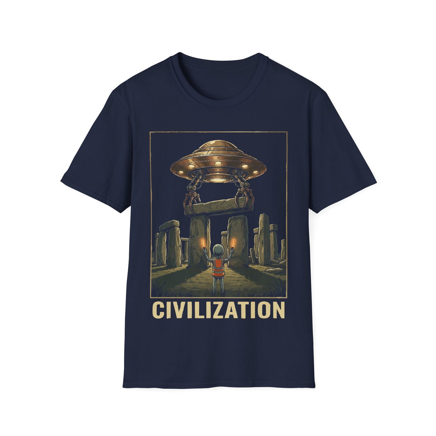 Stonehenge Construction t-shirt design, featuring a small alien overseeing a hovering UFO lifting a stone lintel into place above Stonehenge in a retro sci-fi illustration including word 'Civilization' on a navy blue background