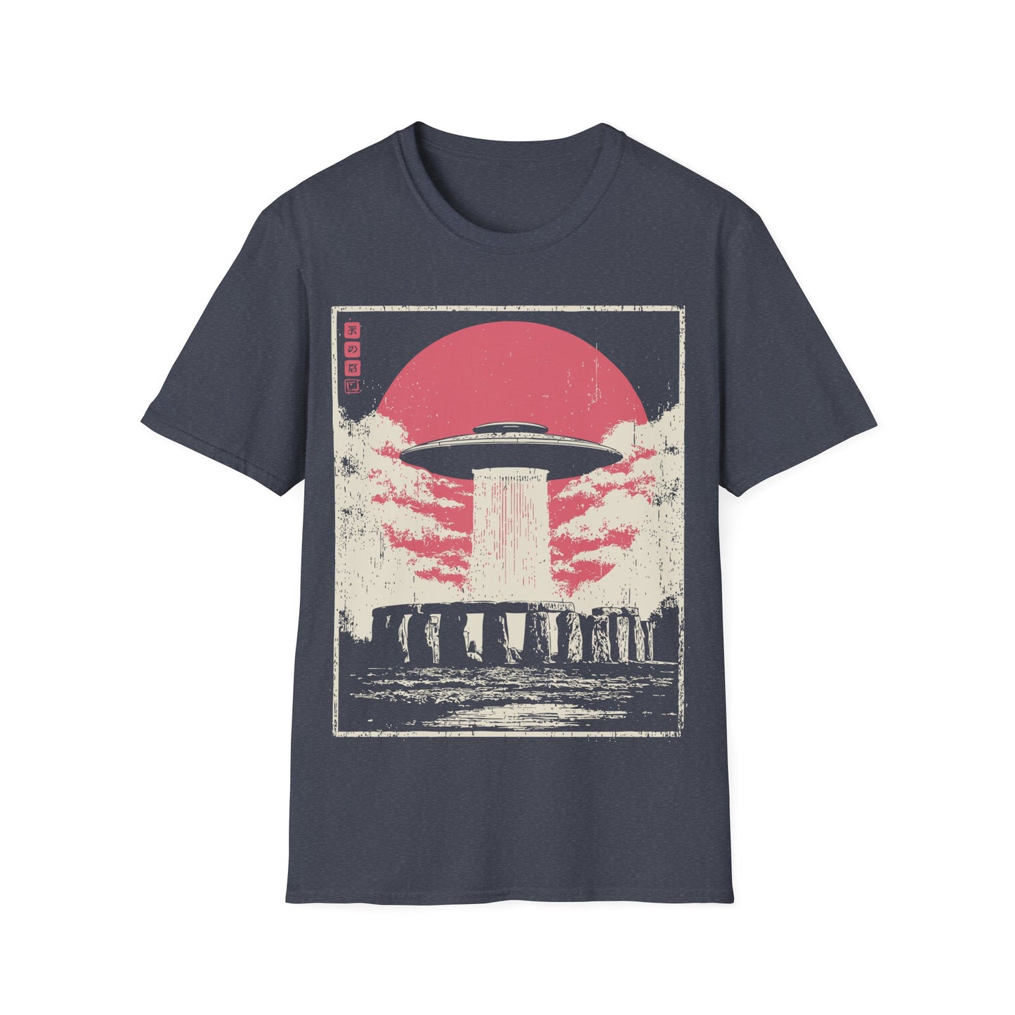 Stonehenge Signal t-shirt design, featuring a classic flying saucer casting a vertical beam over Stonehenge in a distressed retro sci-fi illustration with a muted pink sun on grey background