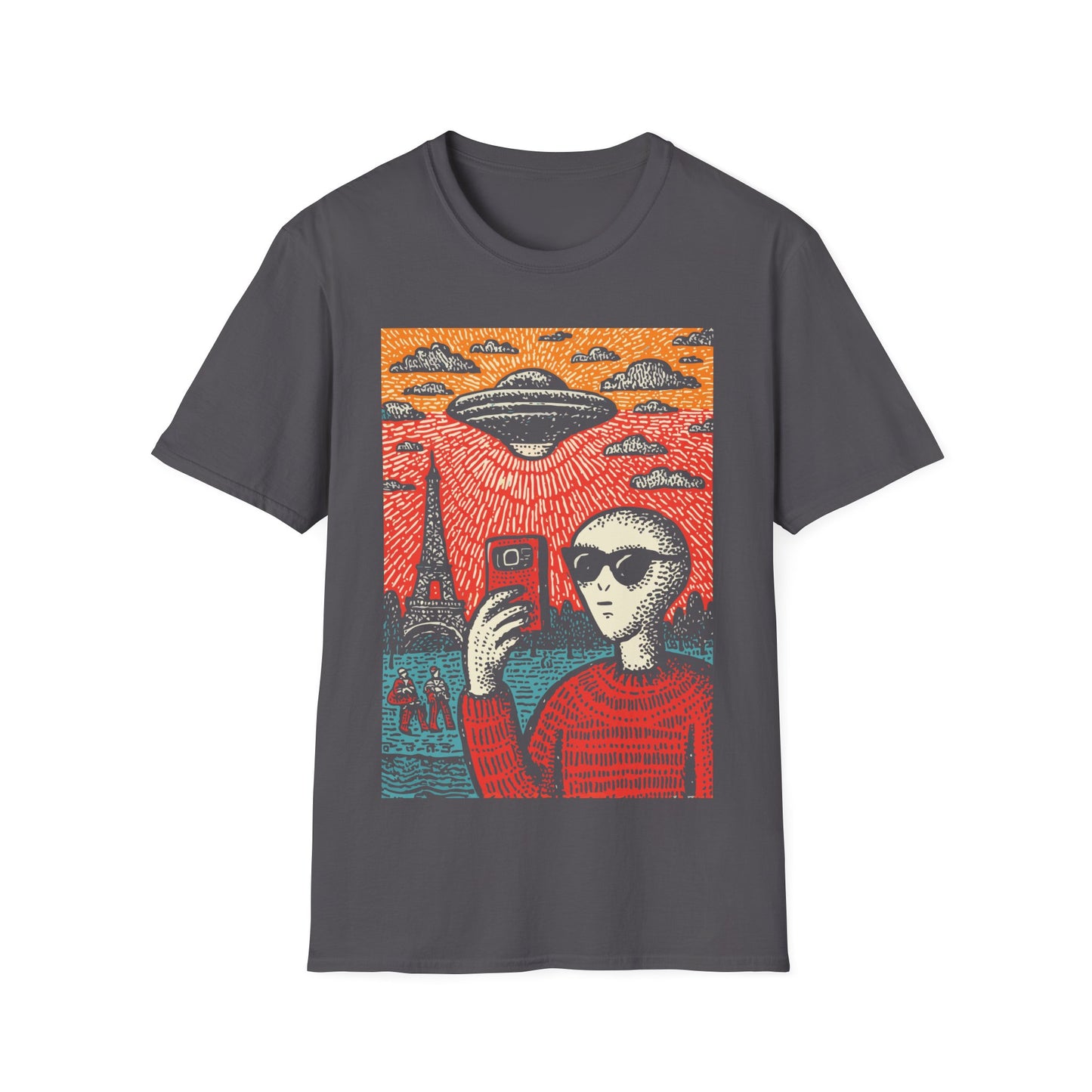 Alien Invasion Selfie Linocut t-shirt design, featuring a sunglasses wearing alien taking a selfie beneath a hovering UFO near the Eiffel Tower in a bold red, blue, and cream linocut style illustration on a grey background