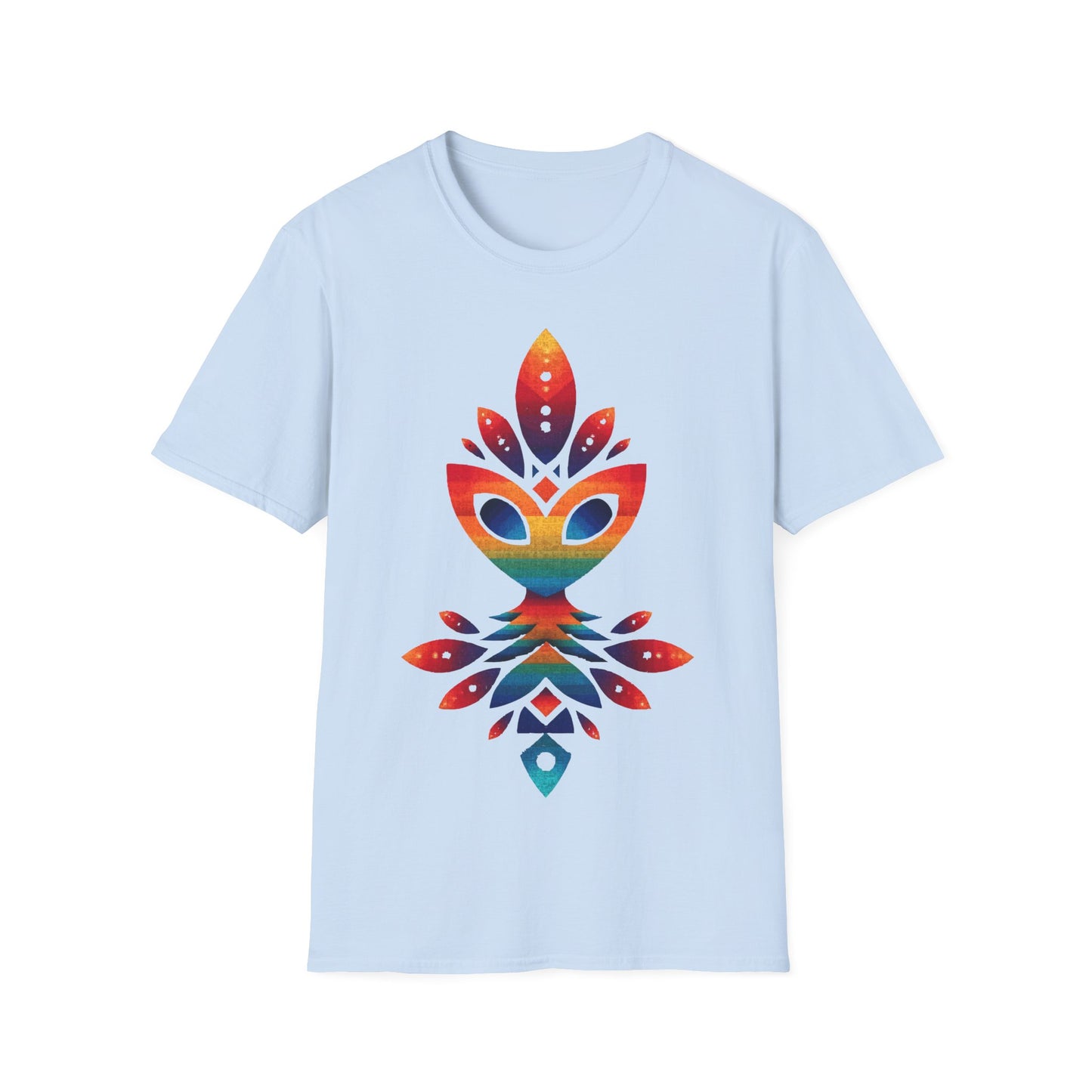 Rainbow Alien Totem t-shirt design, featuring a stylized rainbow-gradient alien face merged with symmetrical totemic leaf and geometric shapes in a vibrant psychedelic illustration on a light blue background