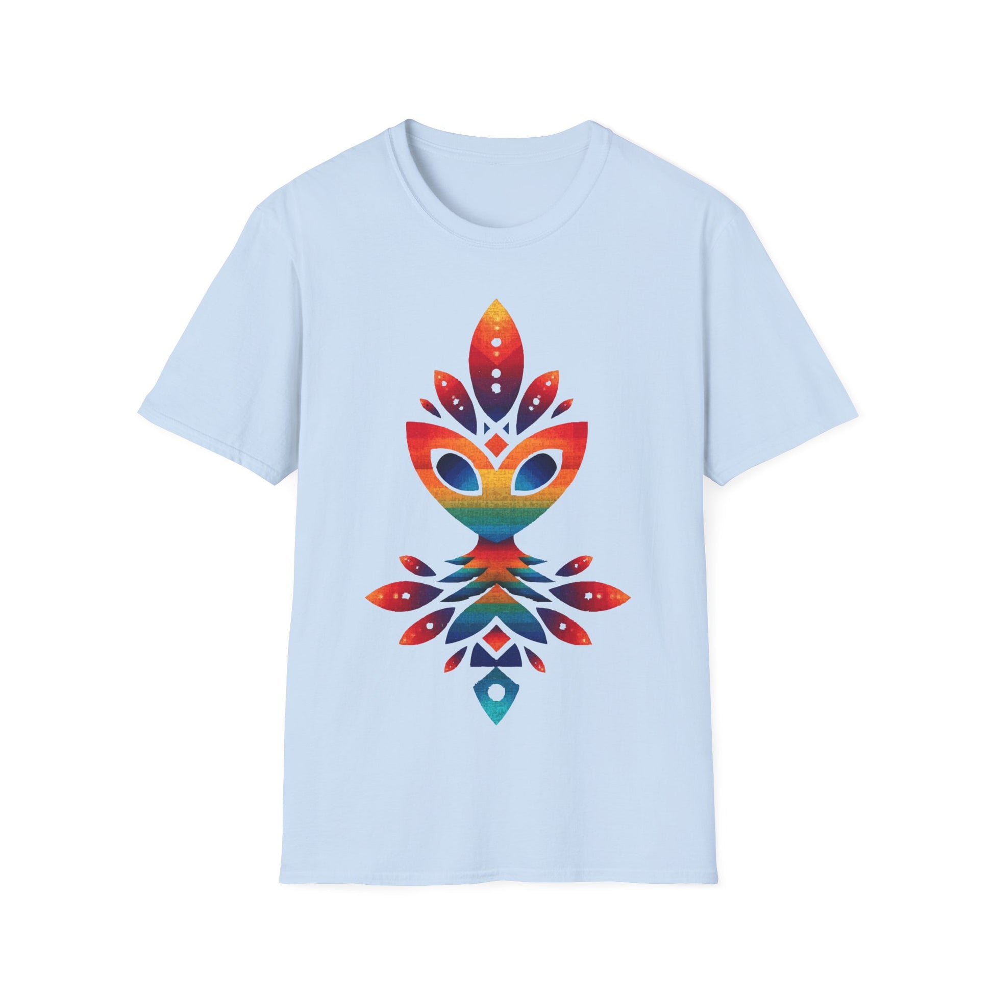 Rainbow Alien Totem t-shirt design, featuring a stylized rainbow-gradient alien face merged with symmetrical totemic leaf and geometric shapes in a vibrant psychedelic illustration on a light blue background
