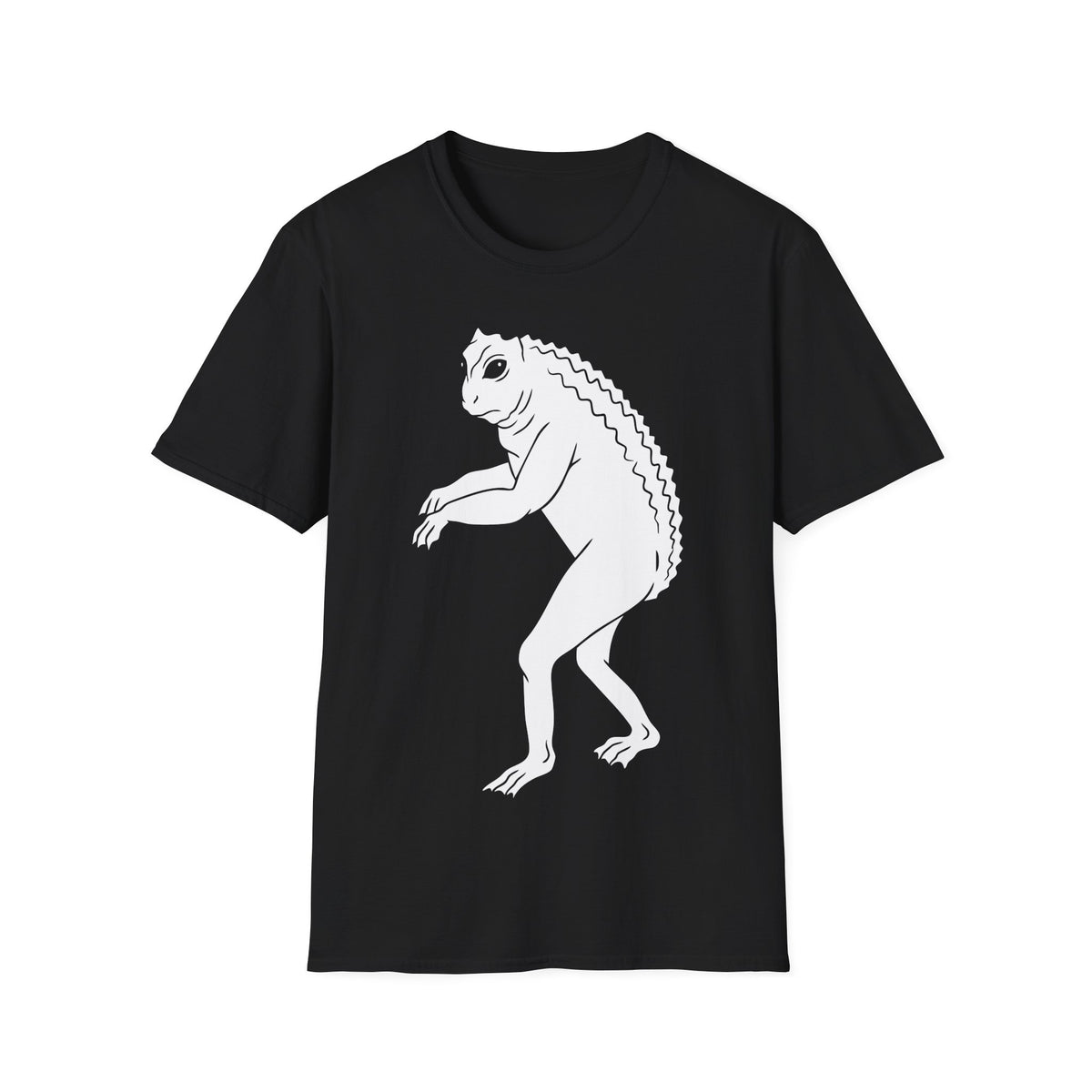 Loveland Frogman t-shirt design, featuring a white humanoid frog creature with large eyes, long limbs, clawed hands and feet, and a ridged back on a black background