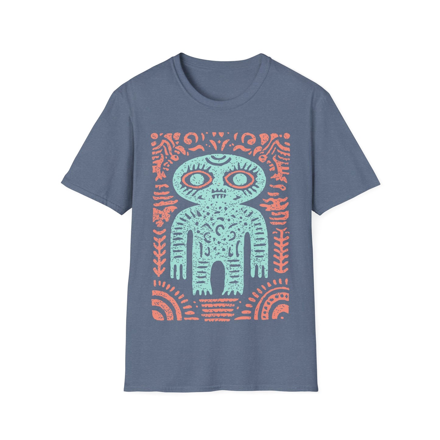 Ancient alien glyph t-shirt design with turquoise Inca-style alien figure and coral tribal patterns on gray t-shirt