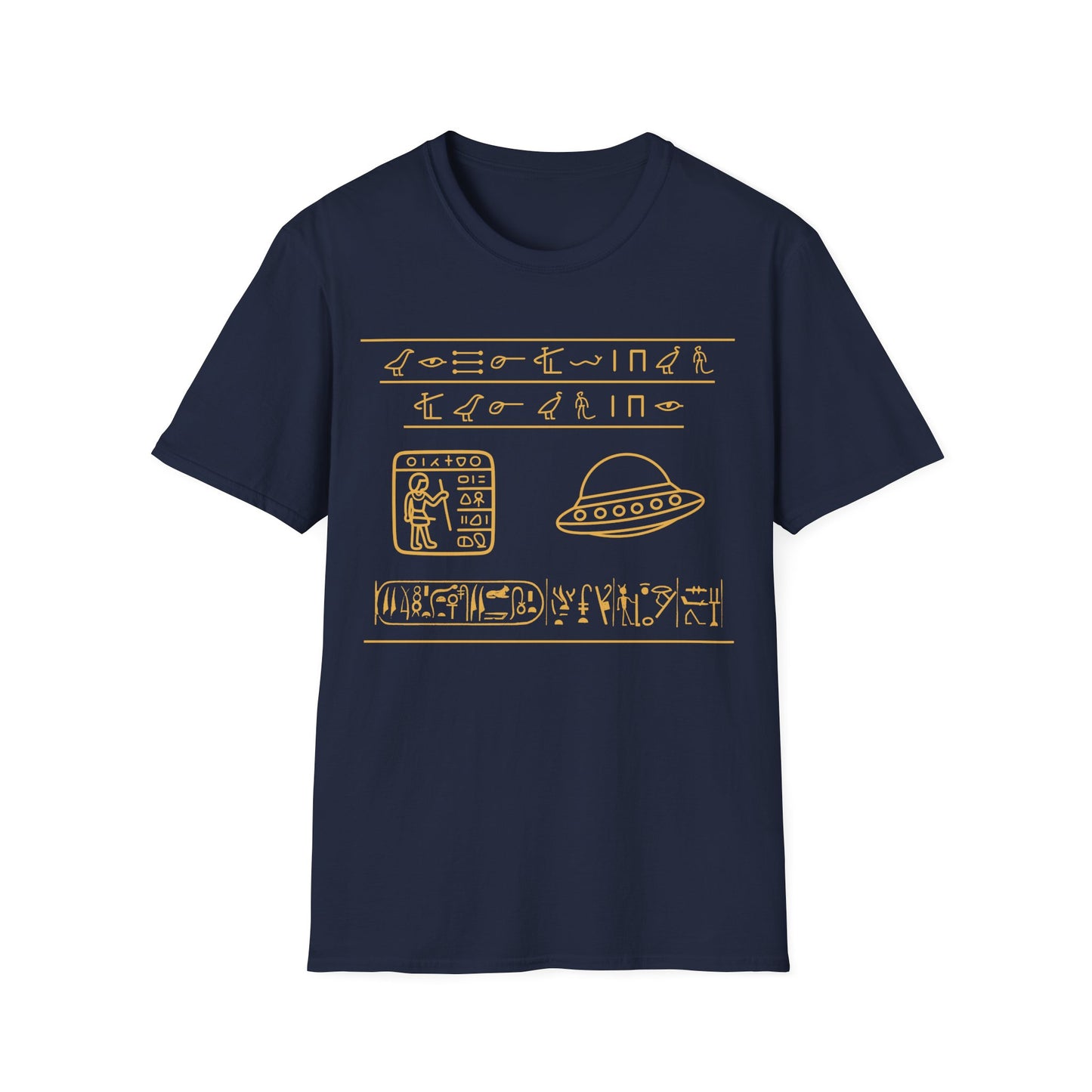 Gold Egyptian hieroglyph-style UFO t-shirt design, featuring a flying saucer and ancient symbol rows with a scribe panel on a navy blue background