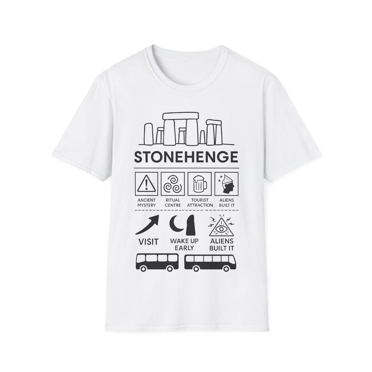Stonehenge Icon Based t-shirt design, featuring bold white Stonehenge lettering with outlined stone monument, mystical symbols, buses, and humorous ancient mystery icon panels in a monochrome infographic style on a white background