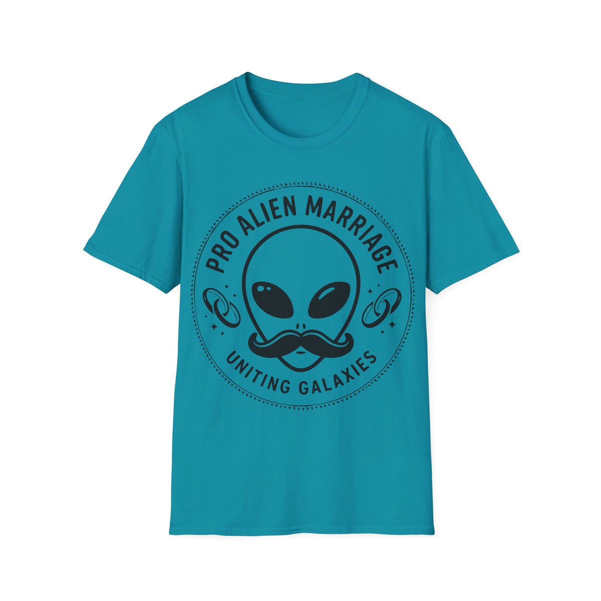 Pro Marriage t-shirt design, featuring a smiling alien face with a curled mustache surrounded by ringed planets and stars, framed by bold “Pro Alien Marriage” and “Uniting Galaxies” lettering in a black and white circular badge style on a tropical blue background