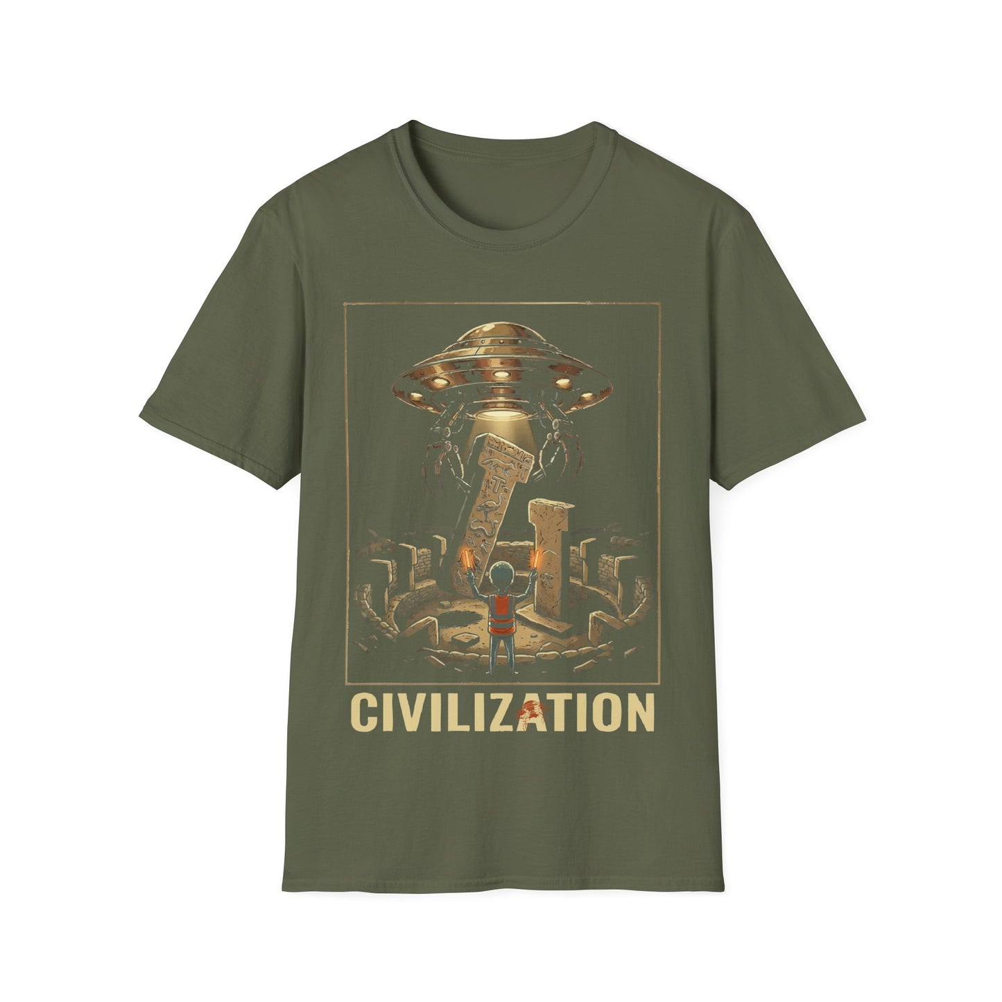 Gobeklitepe Construction t-shirt design, featuring a small alien overseeing a hovering UFO lifting carved stone pillars above an ancient circular site including word 'Civilization' in a retro sci-fi illustration on a military green background