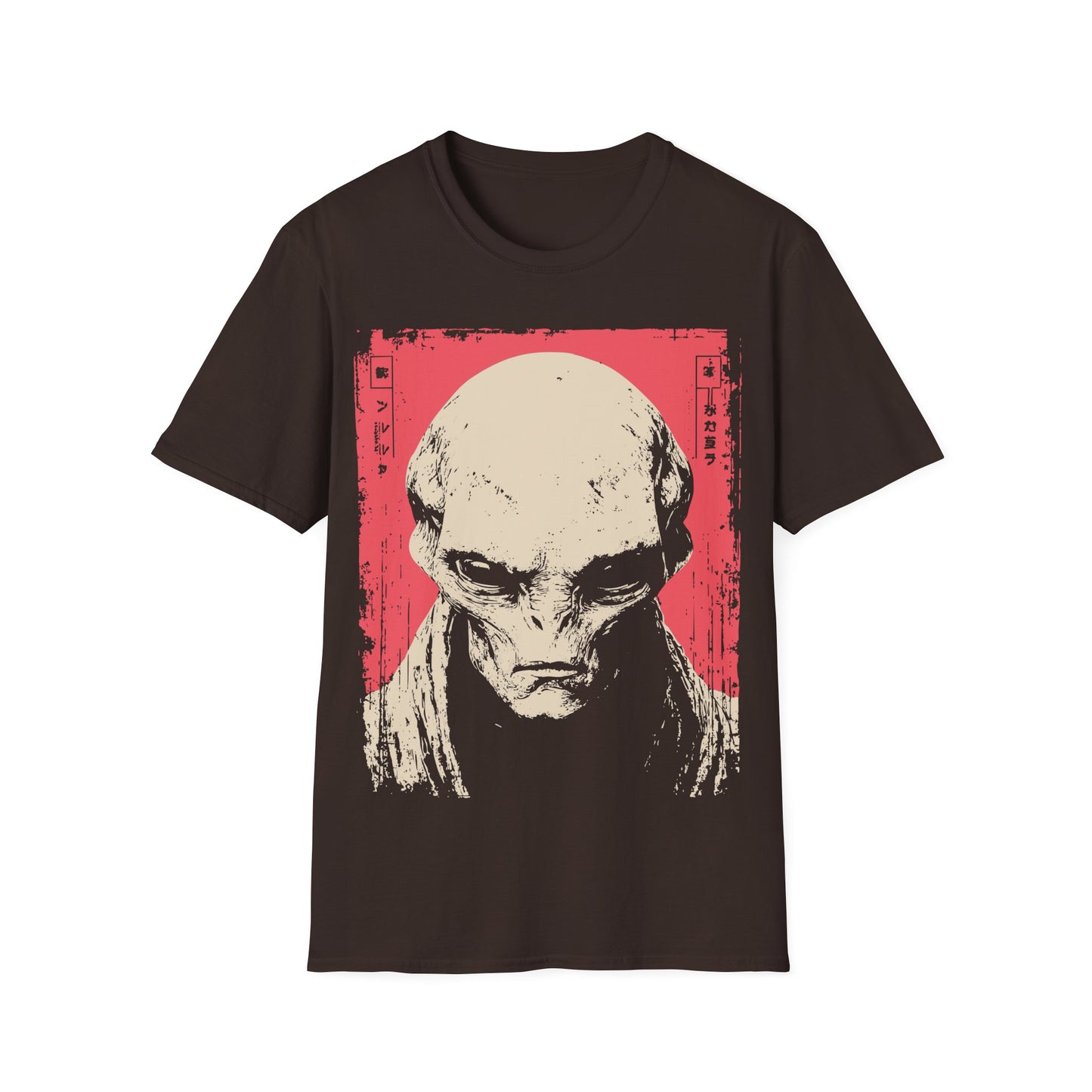 Alien Portrait Woodblock t-shirt design, featuring a detailed pale alien face in a distressed woodblock style illustration with Japanese inspired border elements on a dark chocolate brown background