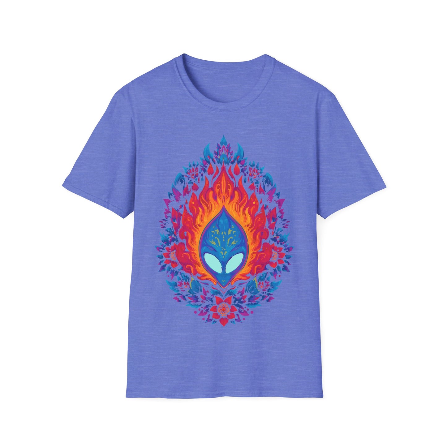 Flaming Alien Mask Floral t-shirt design, featuring a blue alien mask surrounded by vivid orange flames and bright pink, purple, and blue floral elements in a symmetrical psychedelic illustration on a heather navy blue background
