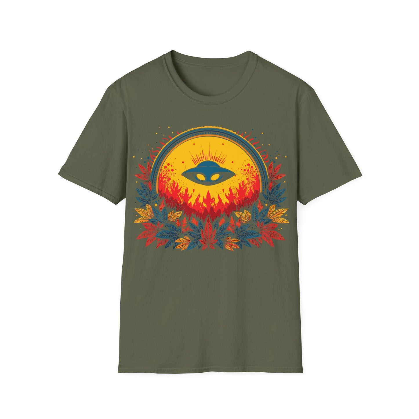 UFO Sun Fire t-shirt design, featuring a blue flying saucer silhouetted against a glowing golden sun with red flames and vibrant red, blue, and yellow foliage on a military green background