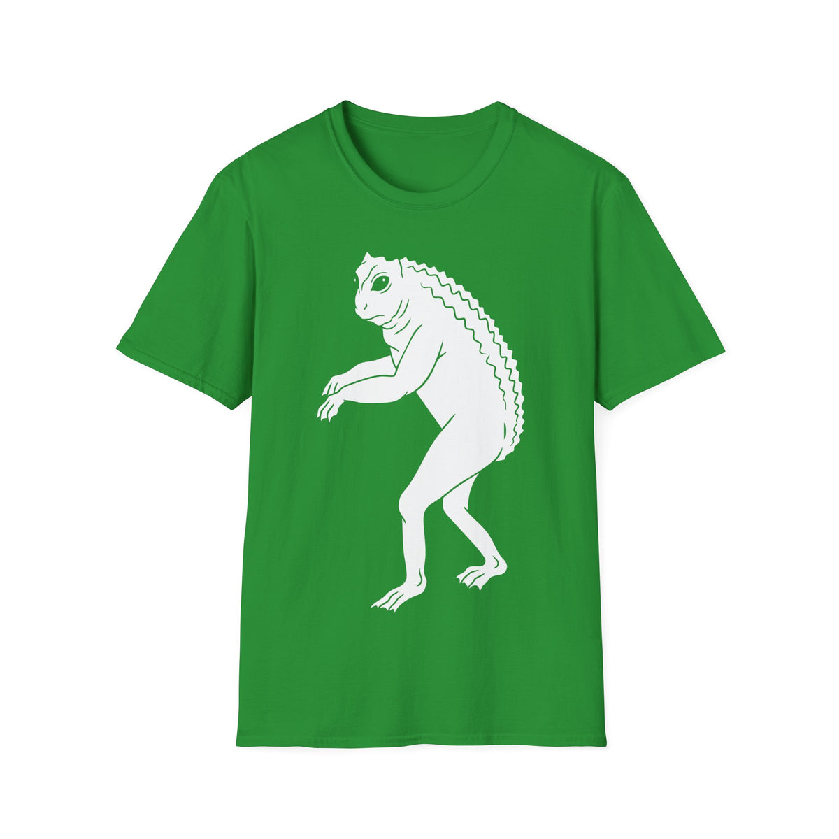 Loveland Frogman t-shirt design, featuring a white humanoid frog creature with large eyes, long limbs, clawed hands and feet, and a ridged back on an irish green background