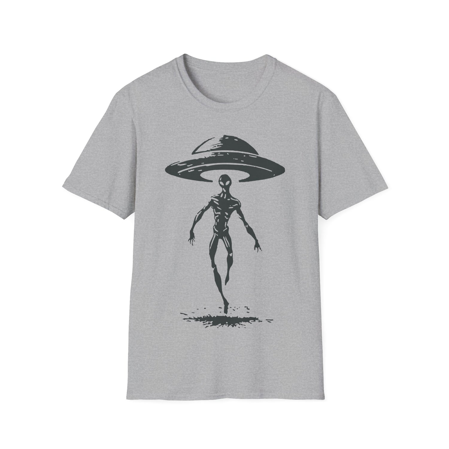 Alien Coming Down t-shirt design with eerie grey alien descending from classic flying saucer in monochrome illustration on sport gray t-shirt
