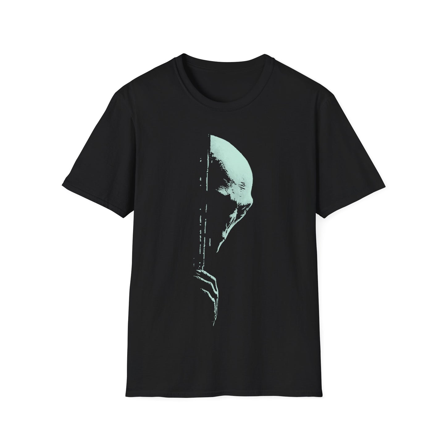 Creepy mint-green alien face silhouette with glitch/distressed texture on black background, minimalist sci-fi UFO conspiracy t-shirt design