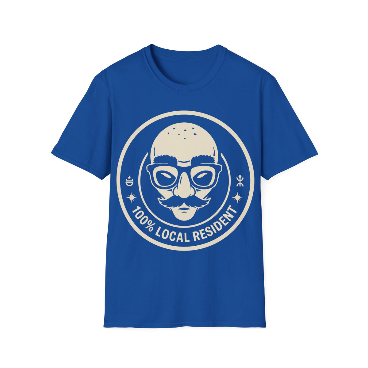 100% Local Resident t-shirt design, featuring a disguised alien face with glasses, thick eyebrows, fake nose, and mustache inside a cream circular badge with cosmic symbols on a royal blue background